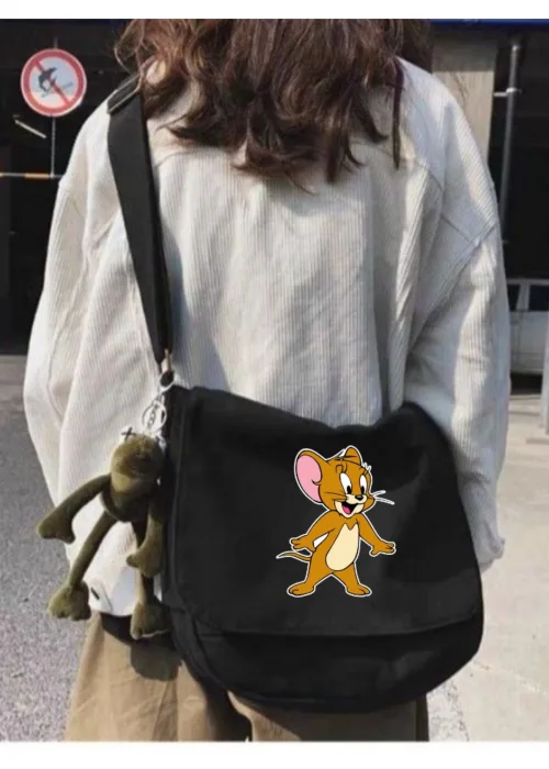 Siyah Jerry Baskılı Unisex Askılı Postacı Çanta