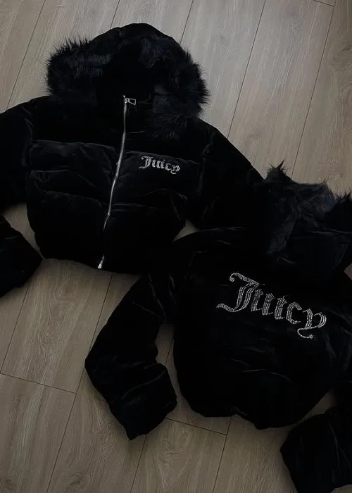 Siyah Juicy Peluş Kapüşonlu Şişme Crop Mont