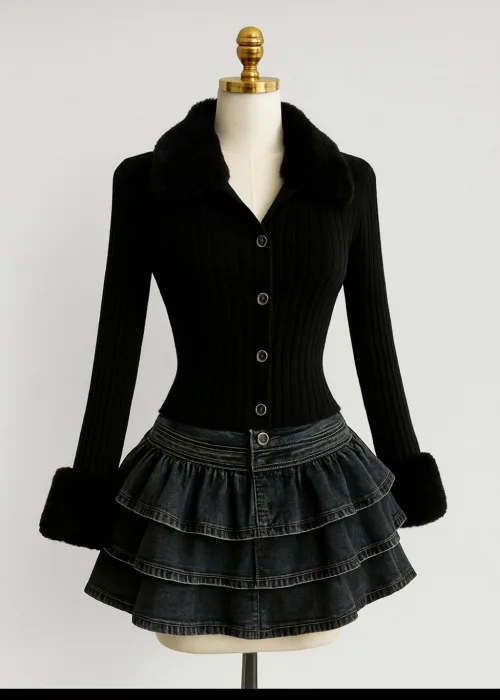 Siyah Kolları Kürklü Triko Hırka