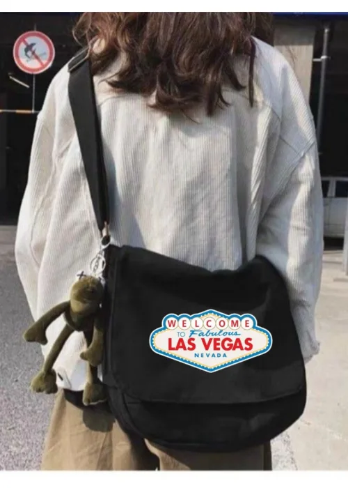 Siyah Las Vegas Baskılı Unisex Askılı Postacı Çanta