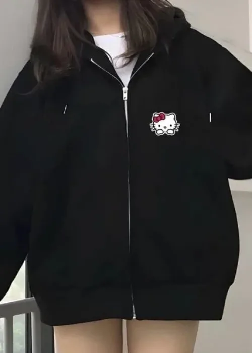 Siyah Mini Kitty Cat Unisex Kapüşonlu Fermuarlı Hırka