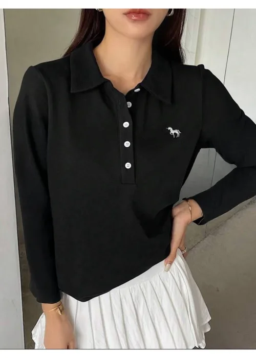 Siyah Nakışlı Polo Yaka Uzun Kol T-shirt