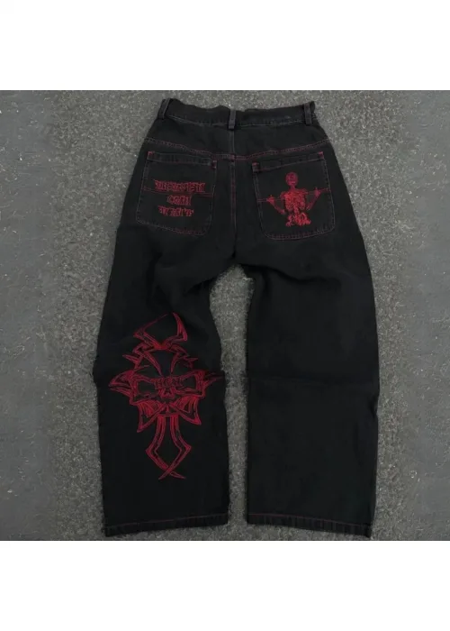 Siyah Skeleton Heaven Can Wait Streetwear Jean Pantolon