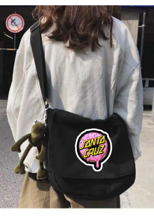 Siyah Pembe Donat Santa Cruz Baskılı Unisex Askılı Postacı Çanta
