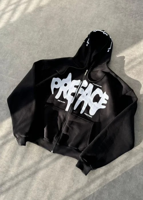 Siyah Preface Baskılı Oversize Unisex Kapüşonlu Ceket