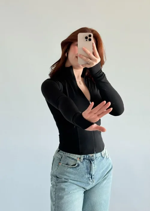 Siyah Rover Fermuarlı Bluz