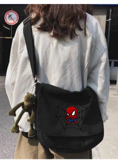Siyah Spiderman Örümcek Adam Ağ Baskılı Unisex Askılı Postacı Çanta