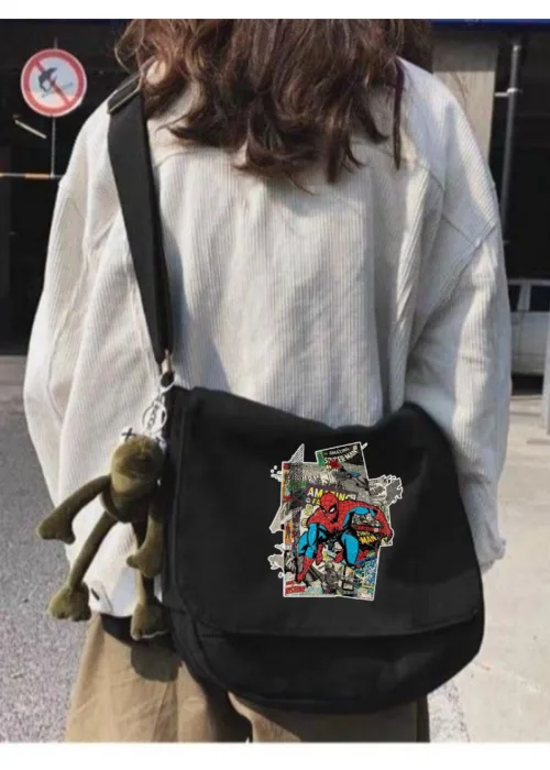 Siyah Spiderman Örümcek Adam Kolaj Desenli Unisex Askılı Postacı Çanta