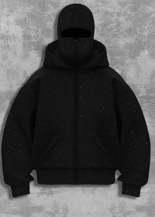 Siyah Taş Parıltılı Kar Maskeli Unisex Kapüşonlu Hırka