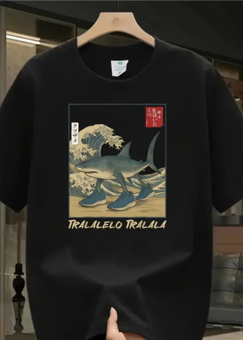 Siyah Tralalero Tralala Baskılı Unisex Oversize T-Shirt