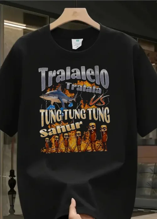 Siyah Tung Tung Tung Sahur vs Tralalero Tralala Baskılı Unisex Oversize T-Shirt