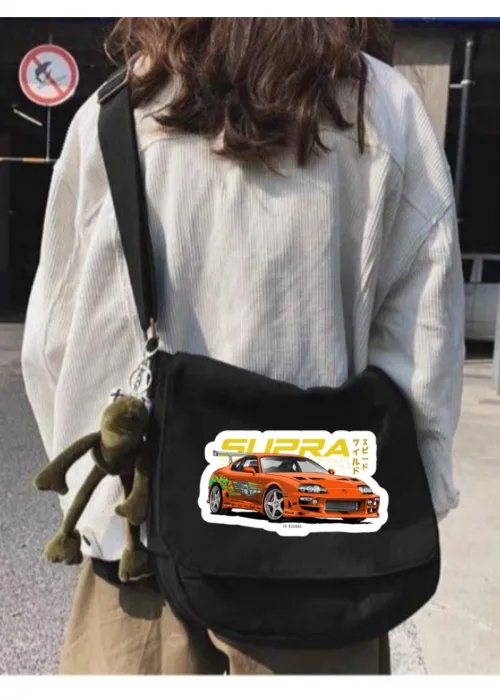 Siyah Turuncu Supra Baskılı Unisex Askılı Postacı Çanta