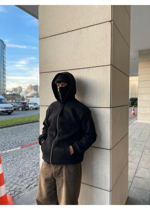 Siyah Unisex Kar Maskeli Samuray Kapüşonlu Oversize Hırka