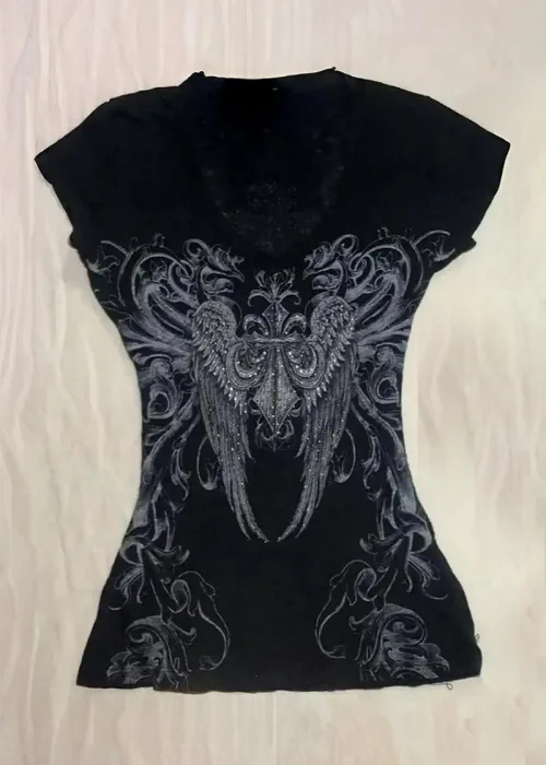 Siyah Vintage Gothic Wing Kısa Kollu Crop