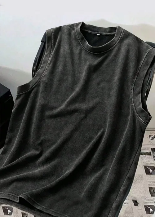 Siyah Yıkamalı Harajuku Kolsuz Unisex Kolsuz T-shirt