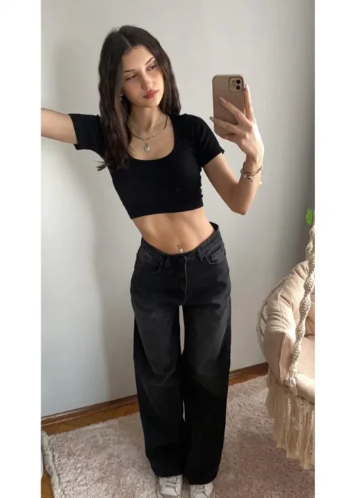 Siyah Yıkamalı Model Wide Leg Baggy Jean