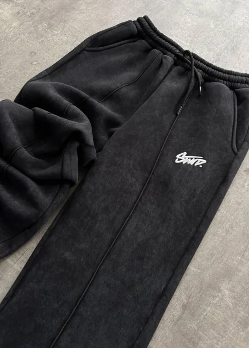 Siyah Yıkamalı Swd Nakışlı Şardonlu Eşofman Altı