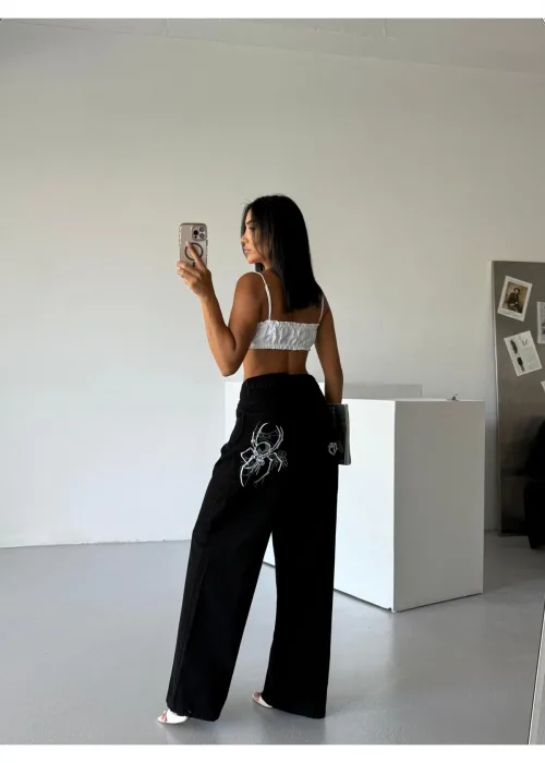 Sokak Stili Örümcek Nakışlı Baggy Unisex Pantolon