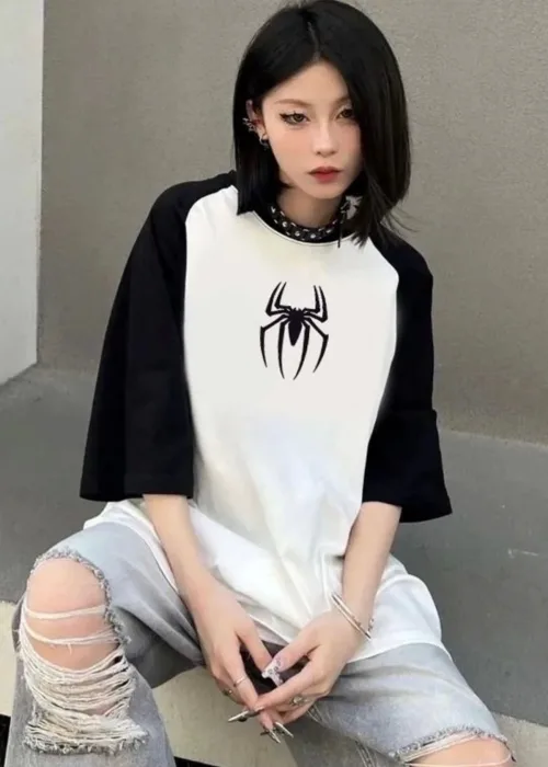 Spider Örümcek Siyah Reglan Kol Kısa Kollu Tişört