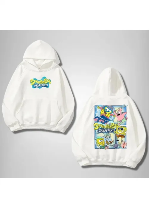 SpongeBob Friends Ön Arka Baskılı Beyaz Kapşonlu Sweatshirt