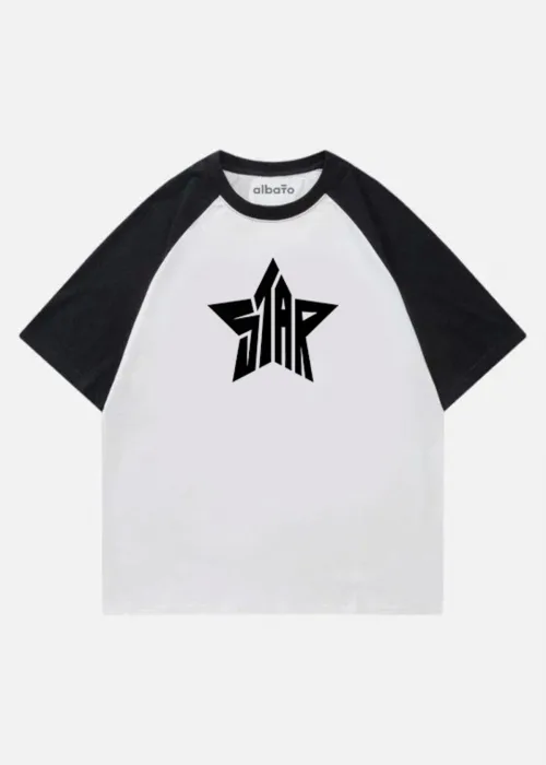Star Baskılı Siyah Beyaz Reglan Kollu T-Shirt