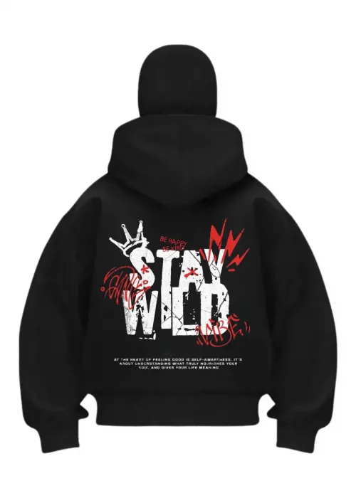 Stay Wild Baskılı Siyah Samuray Kar Maske Sweatshirt Hırka