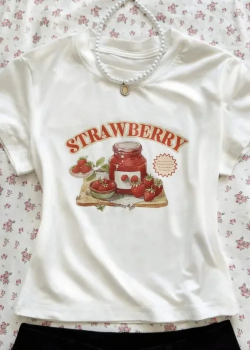 Strawberry Baskılı Beyaz Crop Bluz