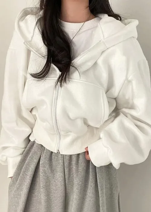 Fermuarlı Uzun Kollu Beyaz Crop Hırka