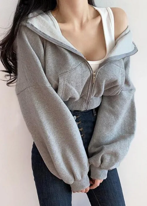 Fermuarlı Uzun Kollu Gri Crop Hırka