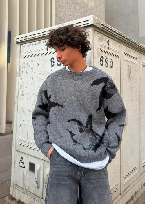 Sharks Desenli Gri Premium Oversize Kazak