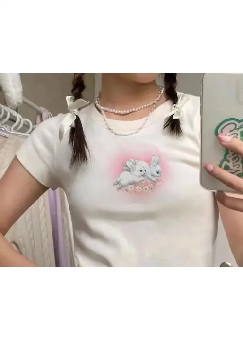 Tavşan Baskılı Rabbits Heart Baskılı Beyaz Crop