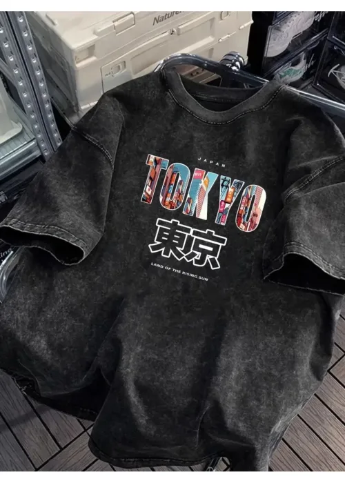 Tokyo Baskılı Yıkamalı Vintage Unisex Oversize T-Shirt