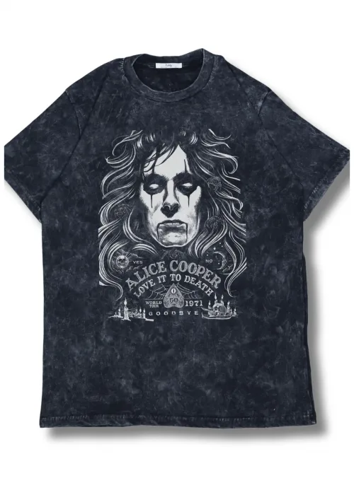 Unisex Alice Cooper Baskılı Yıkamalı Tişört, Oversize Rock-Metal Baskılı Vintage T-Shirt