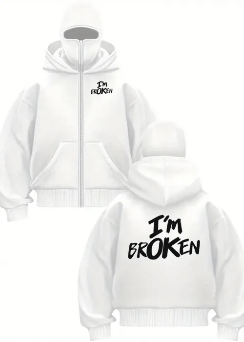 Unisex Oversize Beyaz IM Broken Baskılı Maskeli Hoodie