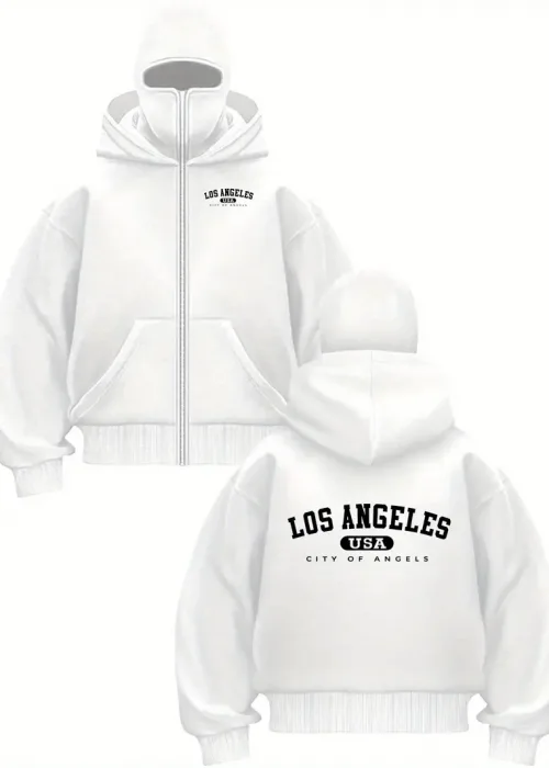 Unisex Oversize Beyaz Los Angeles Usa Baskılı Maskeli Hoodie