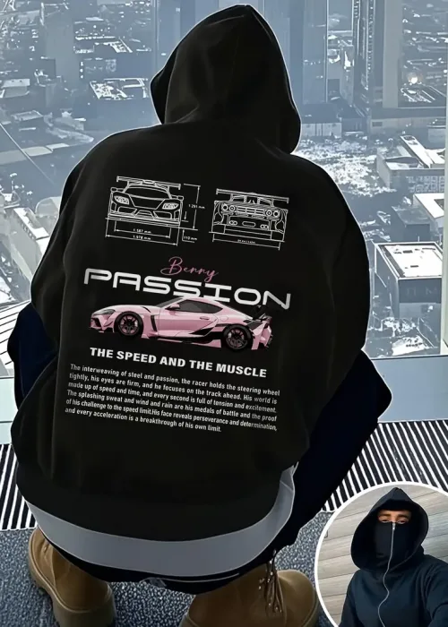 Unisex Oversize Siyah Berry Passıon Baskılı Maskeli Hoodie