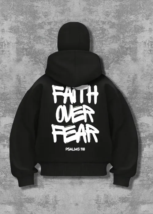 Unisex Oversize Siyah Fait Over Fear Baskılı Maskeli Hoodie