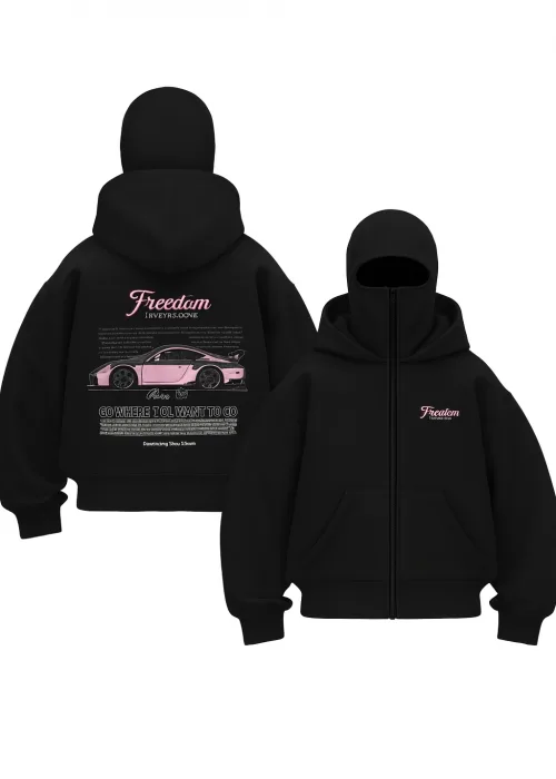 Unisex Oversize Siyah Freedom Araba Baskılı Maskeli Hoodie
