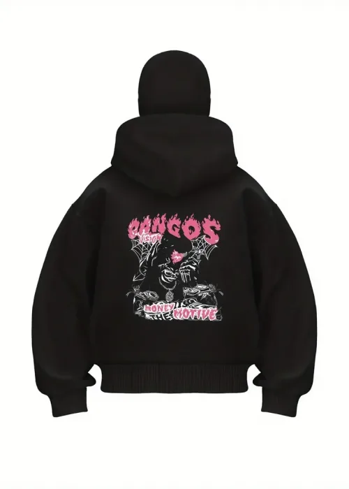Unisex Oversize Siyah Gangos Money Motive Baskılı Maskeli Hoodie