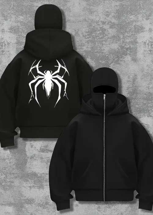Unisex Oversize Siyah Spider Baskılı Maskeli Hoodie
