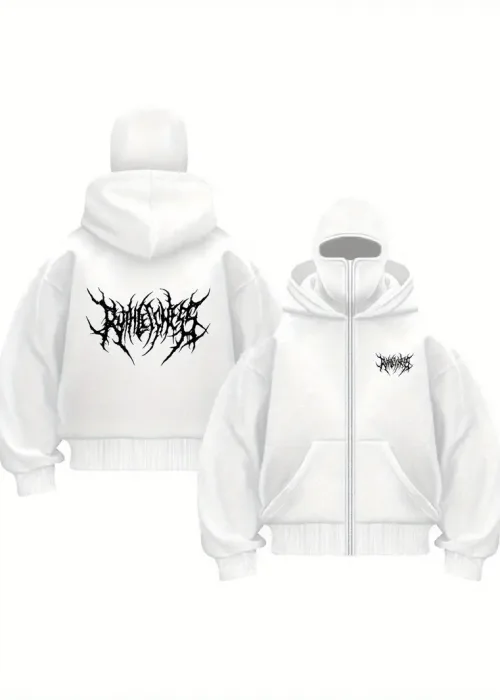 Beyaz Unisex Oversize Tam Fermuarlı Maskeli Gotik Kapüşonlu Hoodie Sweatshirt