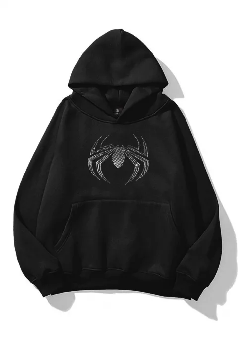 Unisex Spiderman Taş Baskılı Sweatshirt Siyah