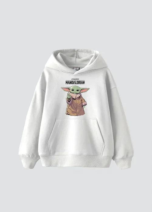 V2 The Mandalorian Yoda Baskılı Oversize Unisex Premium Beyaz Hoodie