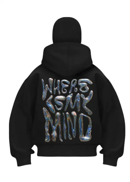 Where Mind Baskılı Siyah Samuray Kar Maske Sweatshirt Hırka