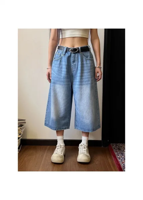 SUPER BAGGY İŞLEMELİ DENİM BERMUDA ŞORT