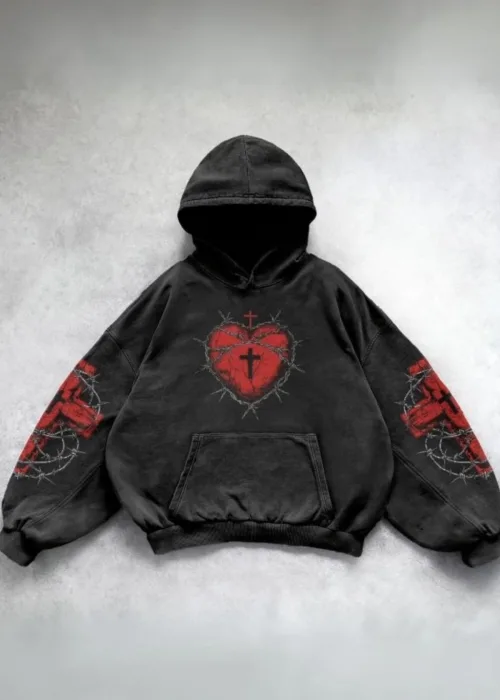 Yeni Siyah Gothic Barbed Wire Heart Cross Kapüşonlu Sweatshirt
