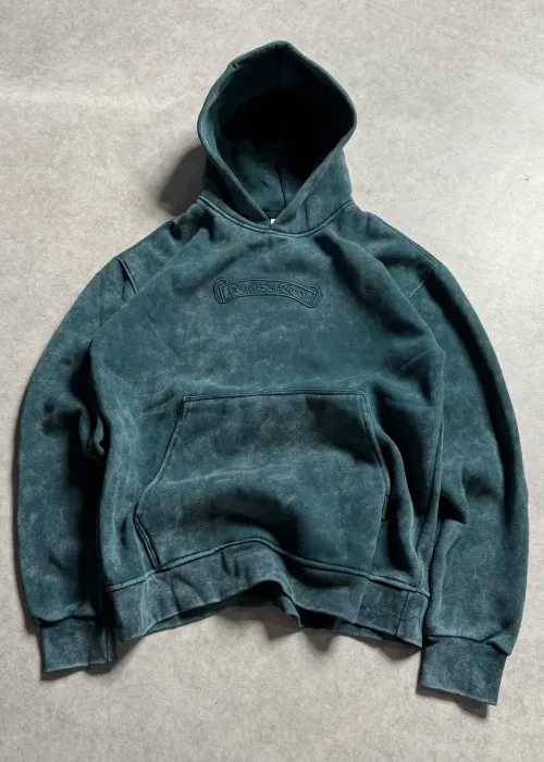 Yeşil Acid Wash Aplike Nakışlı Oversize Premium Sweatshirt