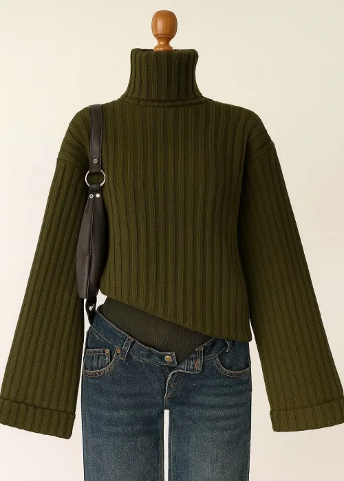 Yeşil Haki Boğazlı Triko Örme Kazak