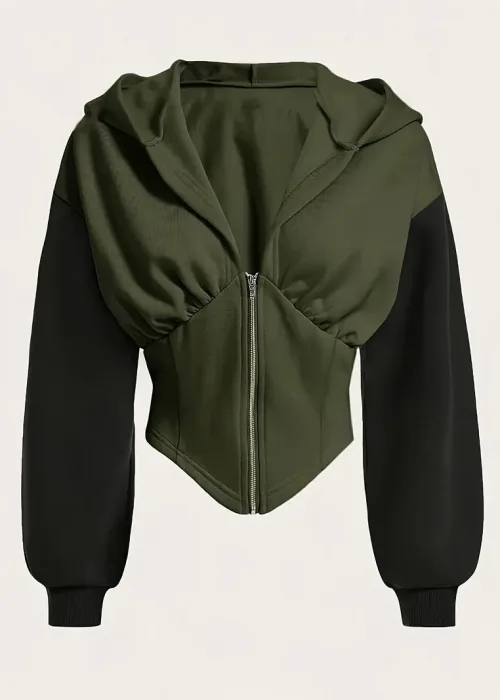 Yeşil Uzun Kollu Korse Kesim Fermuarlı Ceket