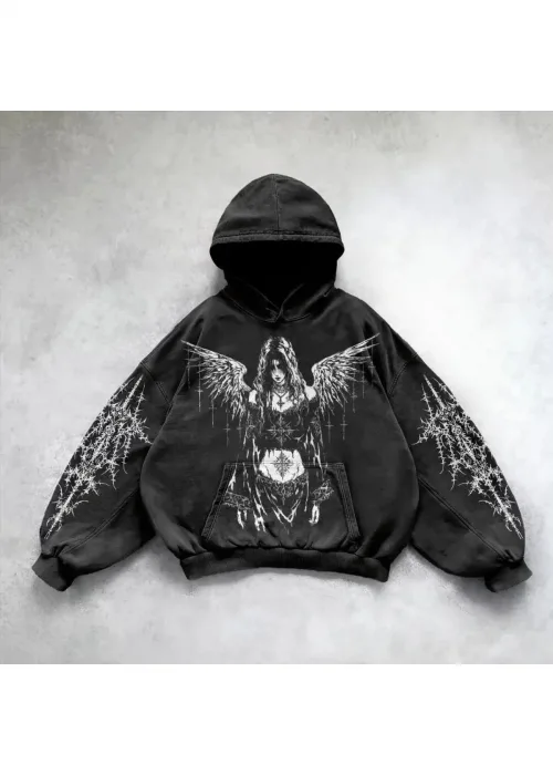 Yıkamalı Angel Wings Women Gothic Kapüşonlu Sweatshirt